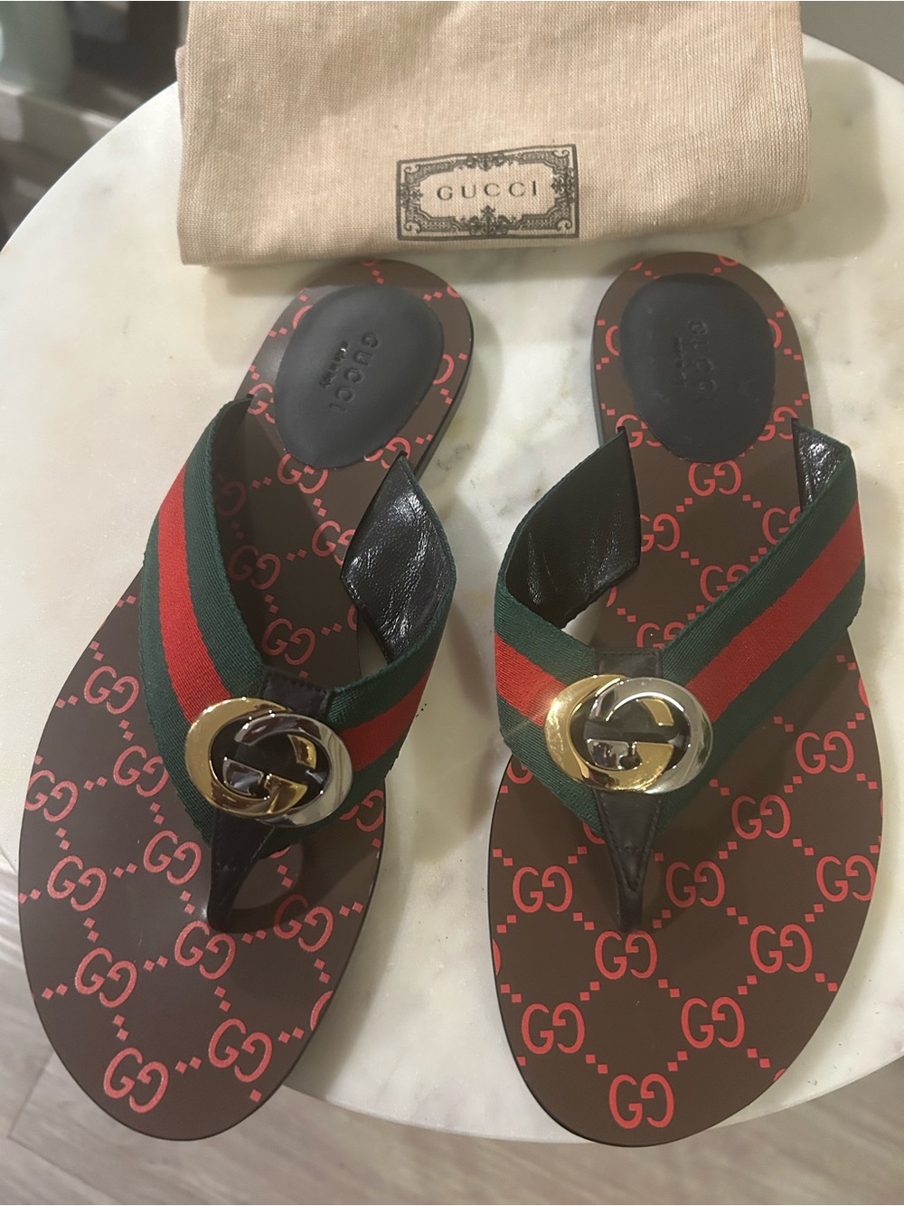 Gucci Men’s Brown Sandals with Green and Red Web & Gold GG Emblem